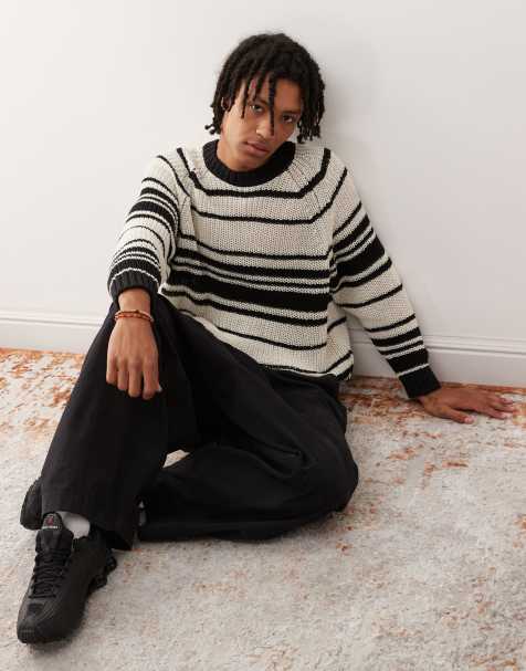 Weekday oversized open knit sweater in beige stripe - view 1
