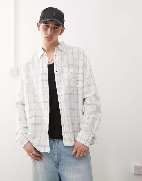 Weekday - Oversized overhemd met linnenlook en lange mouwen in gebroken wit geruit - view 1