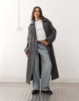 Weekday Weekday oversized padded trench coat in dark grey