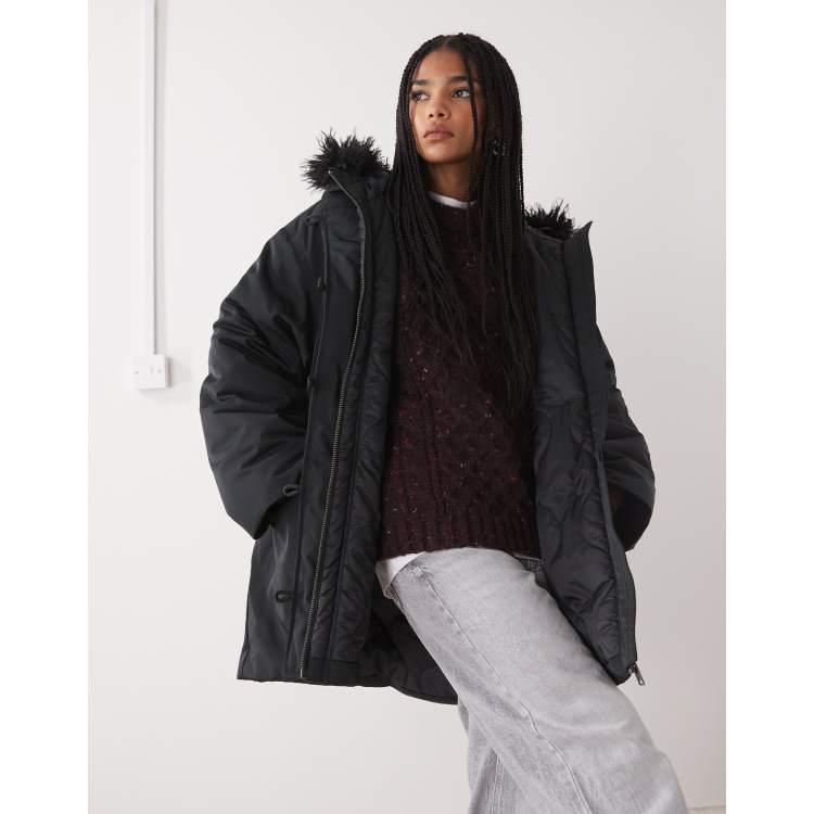 Weekday oversized parka coat with detachable faux fur detail in