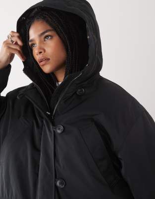 Weekday Oversized Parka Coat With Detachable Faux Fur Detail In Black