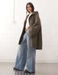 [Weekday] Weekday oversized parka coat with detachable lining and faux fur hood in dark mole-Grey XS DARK MOLE