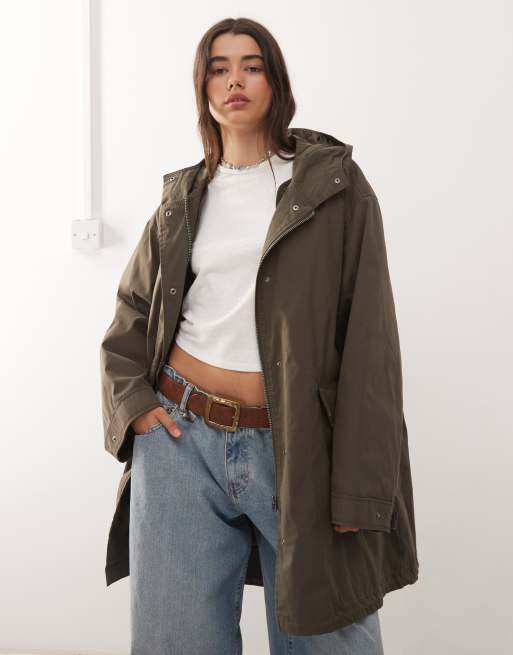 Weekday oversized parka coat with detachable lining and faux fur hood in dark mole