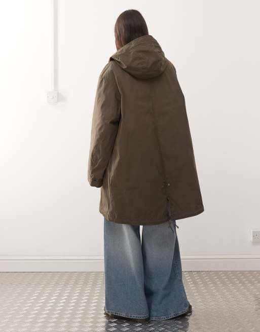 Weekday oversized parka coat with detachable lining and faux fur hood in dark mole