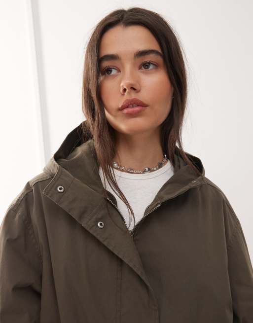 Weekday oversized parka coat with detachable lining and faux fur hood in dark mole