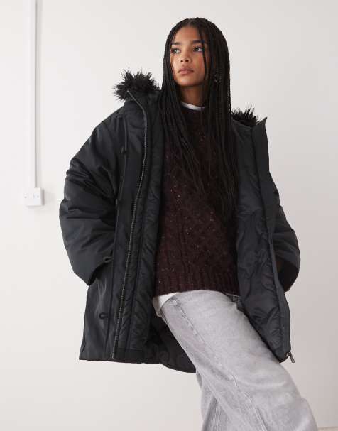 Weekday - Oversized parka met afneembare detail van imitatiebont in zwart - view 1