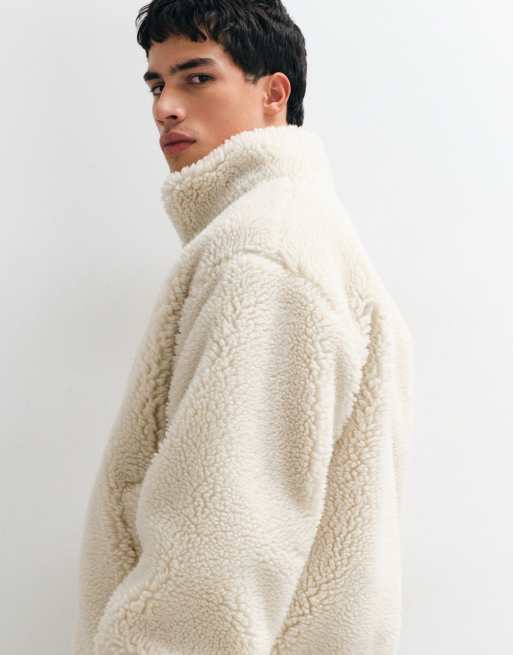 Weekday oversized pilefleece med ståkrage och dragkedja, beige, 4 av 5