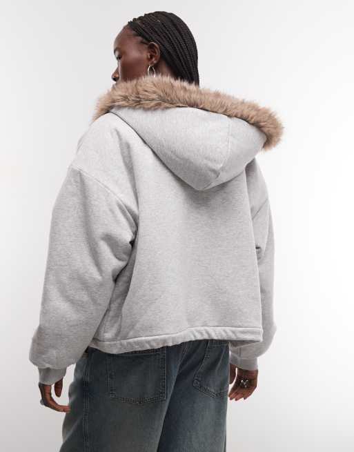 Weekday oversized reversable hoodie in brown faux fur and grey melange fleece, 2 of 4