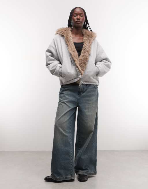 Weekday oversized reversable hoodie in brown faux fur and grey melange fleece, 3 of 4