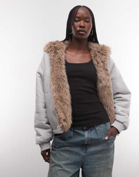 Weekday oversized reversible hoodie in brown faux fur and grey melange fleece - view 1