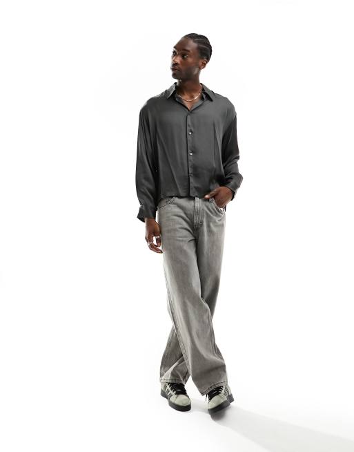 Weekday oversized shiny shirt in dark grey
