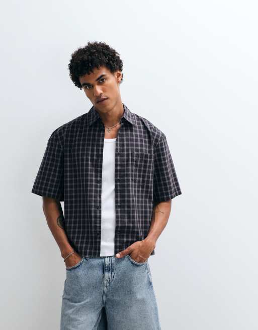 Weekday oversized short sleeve shirt in brown check, 4 of 5