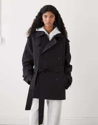 Weekday Oversized Short Trench Coat With Funnel Collar In Black