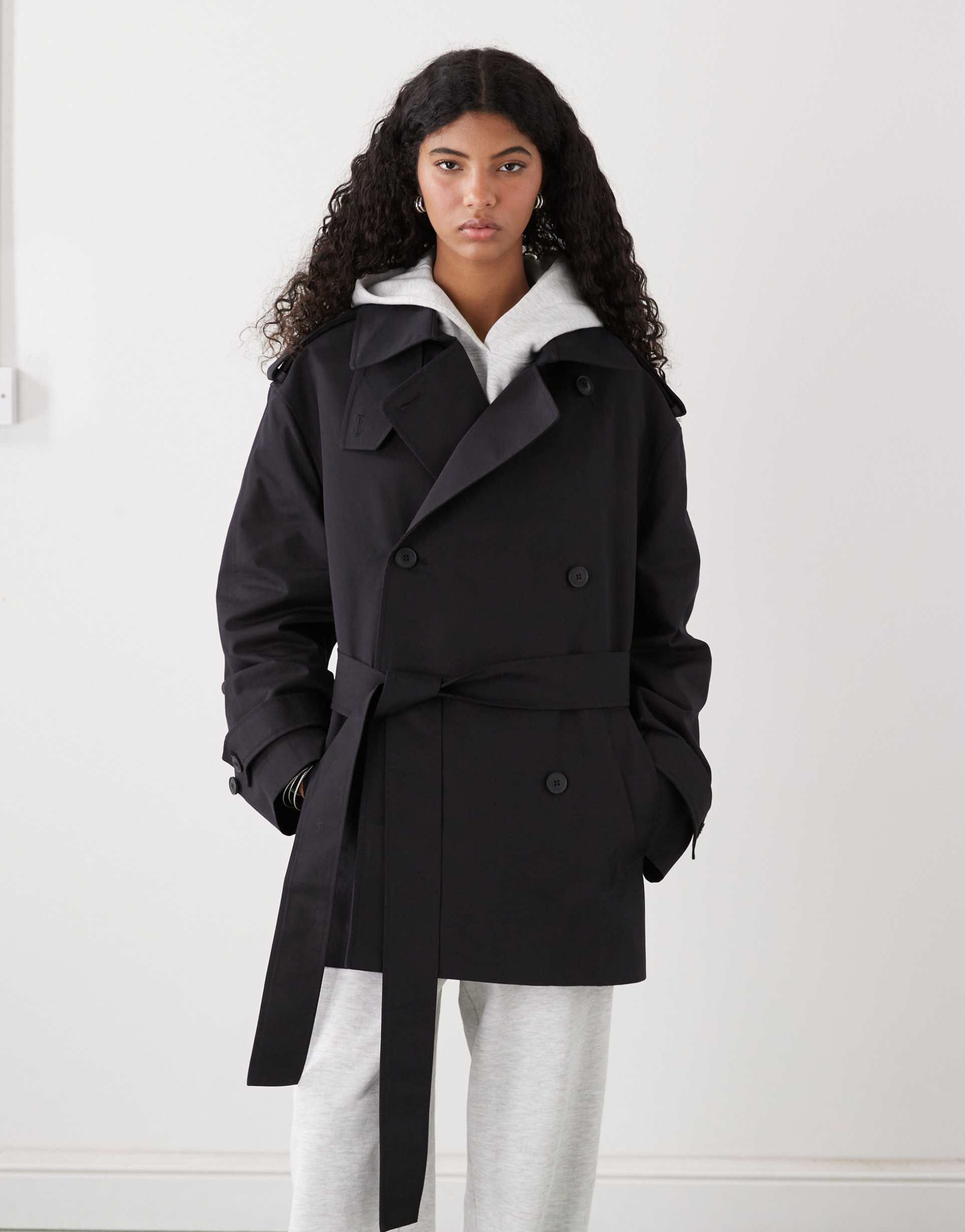 weekday oversized short trench coat with funnel collar in black
