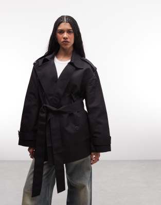 Weekday oversized short trench coat with funnel collar in black | ASOS