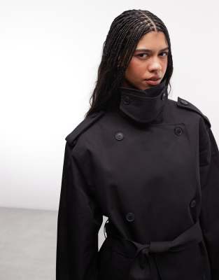 Weekday oversized short trench coat with funnel collar in black | ASOS