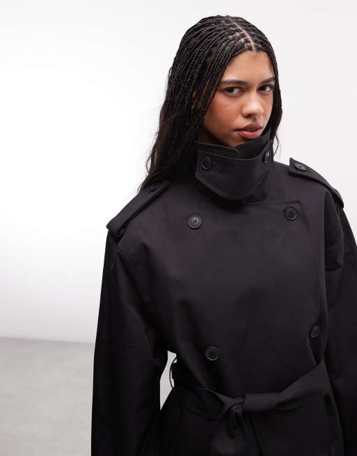 Weekday oversized short trench coat with funnel collar in black | ASOS