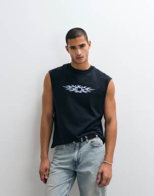Weekday Oversized Sleeveless T-shirt With Flame Graphic In Black