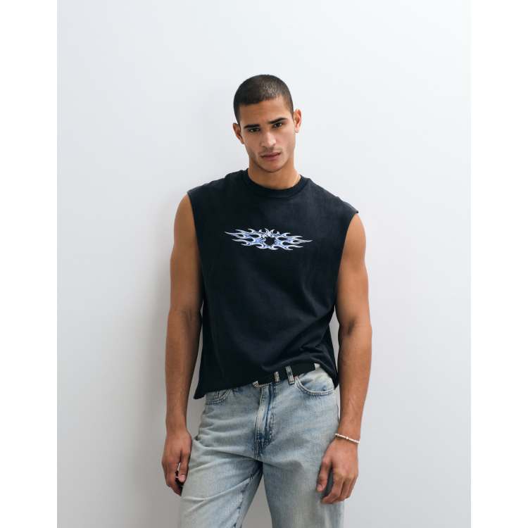 Weekday oversized sleeveless T-shirt with flame graphic in black