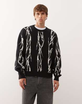 Weekday Oversized Sweater With Barbed Wire Graphic Jacquard In Black