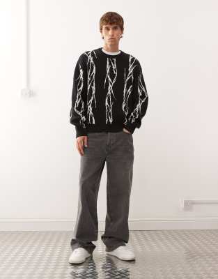 Weekday Oversized Sweater With Barbed Wire Graphic Jacquard In Black