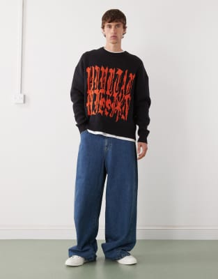 Weekday Oversized Sweater With Red Graphic Jacquard In Black