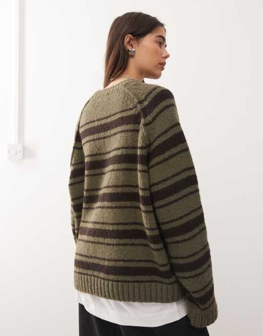 Weekday oversized sweater with reversed seams in dark khaki green & brown striped slubby yarn, 4 of 4