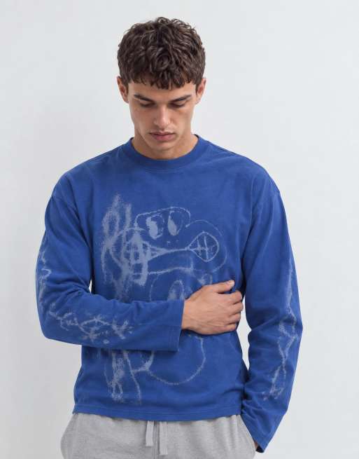 Weekday oversized t-shirt med långa ärmar och tecknad grafik i blått, 10 av 10