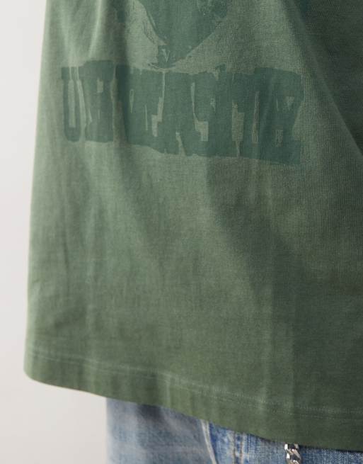 Weekday - Oversized T-shirt met grafische collegeprint in groen met wassing, 3 van 4