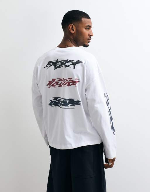 Weekday oversized T-shirt met lange mouwen en racerprint in wit, 4 van 5