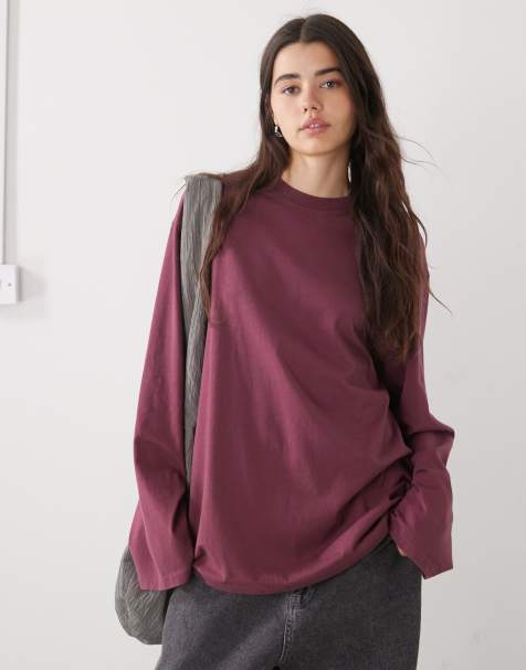 Weekday - Oversized T-shirt met lange mouwen in bordeauxrood - view 1