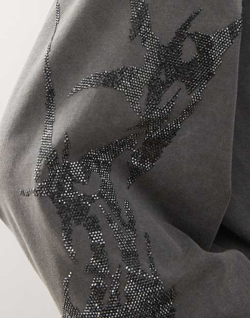 Weekday - Oversized T-shirt met lange mouwen met strass in gebroken zwart, 2 van 4