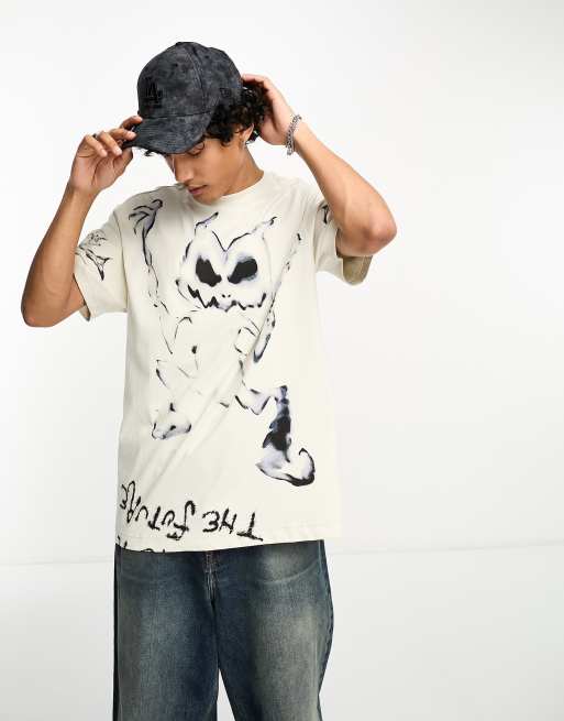 Weekday - Oversized T-shirt met print van dansend monster in gebroken wit