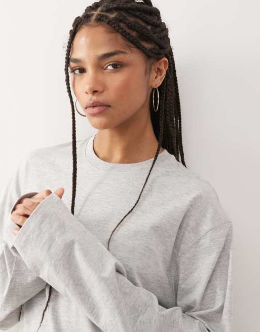 Weekday - Oversized T-shirt met rechte pasvorm en lange mouwen in gemêleerd grijs, 4 van 4