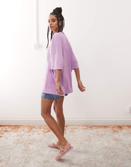 Weekday oversized t-shirt with deep dreams graphic print in pink and lilac spray wash, 2 of 4