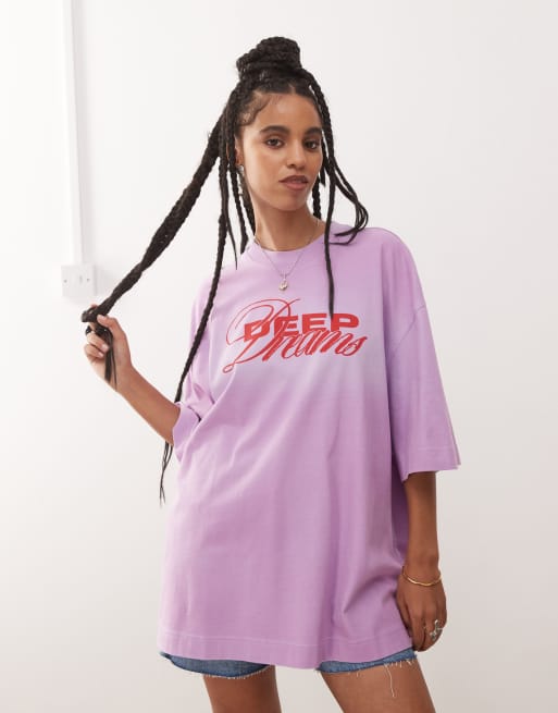 Weekday oversized t-shirt with deep dreams graphic print in pink and lilac spray wash, 4 of 4