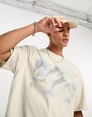 Weekday oversized t-shirt with dolphin graphic print in beige