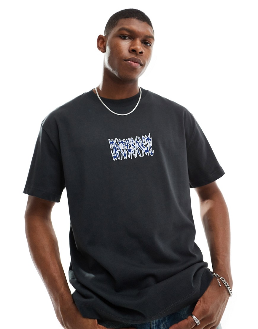 Weekday oversized t-shirt with embroidered internet text graphic in off-black