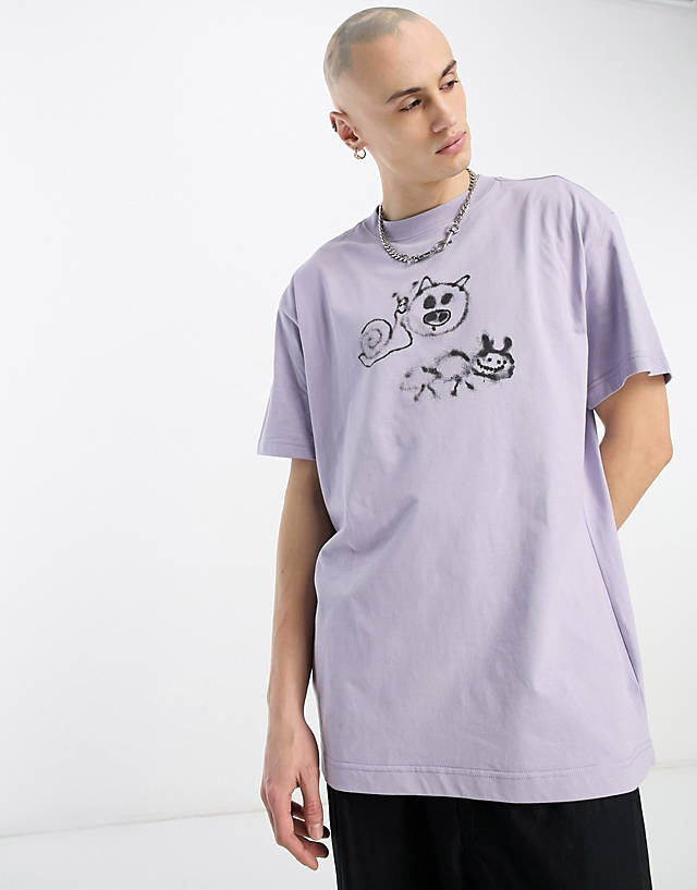 Weekday - oversized t-shirt with lonely cartoon graphic in purple