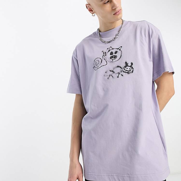 Weekday oversized t-shirt with lonely cartoon graphic in purple | ASOS