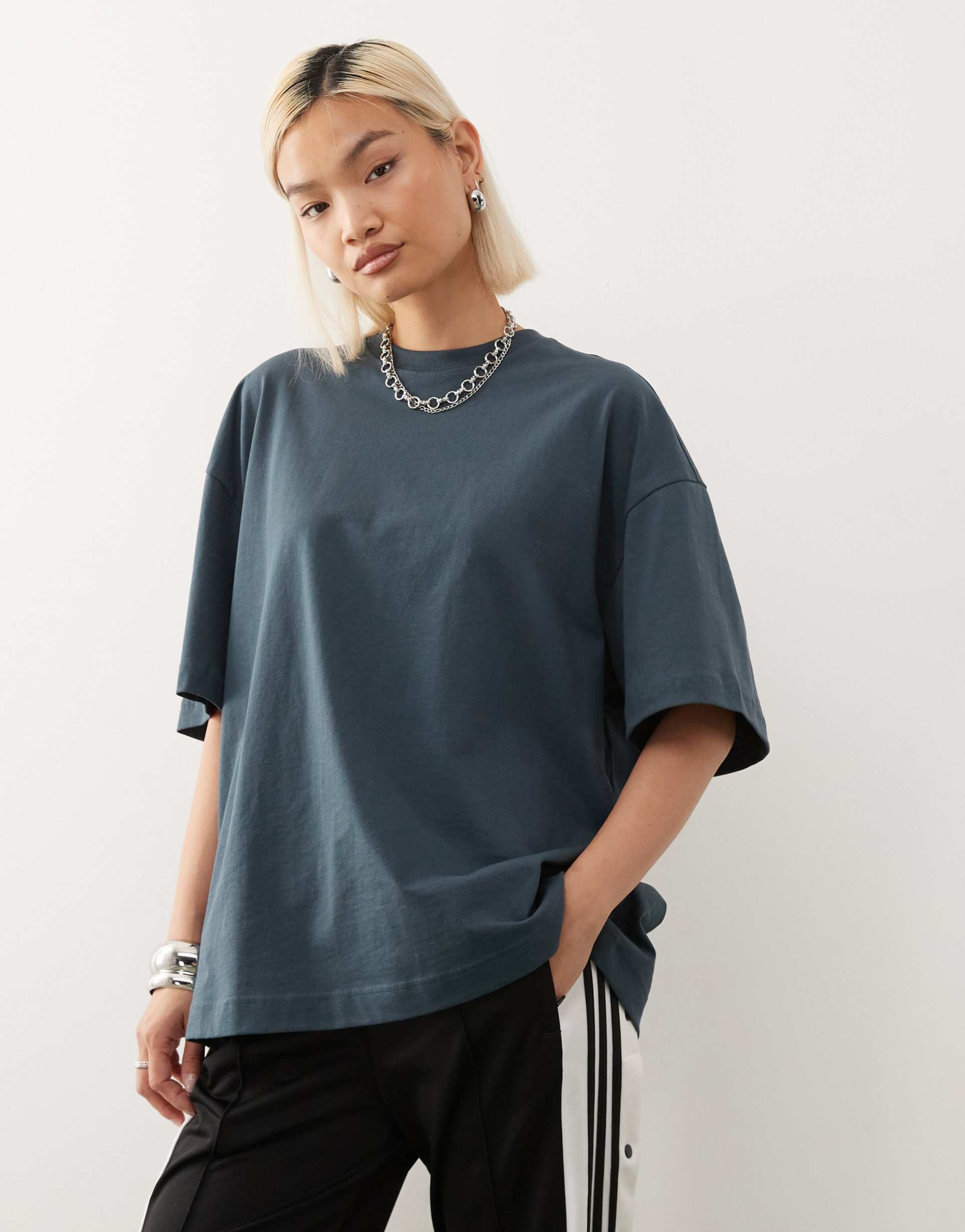 weekday oversized t-shirt with mock neck in petrol blue