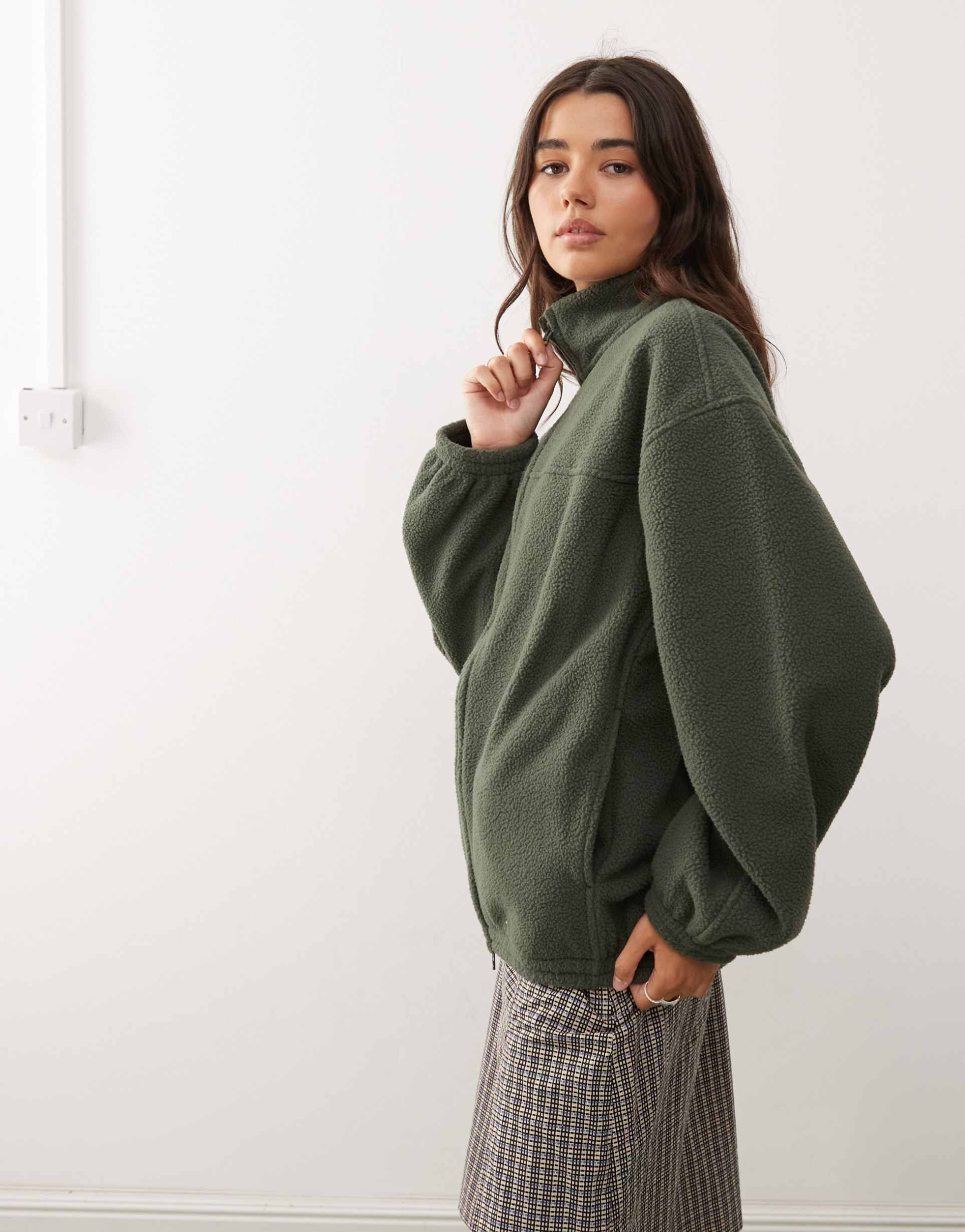 weekday oversized teddy zip fleece in dark khaki green