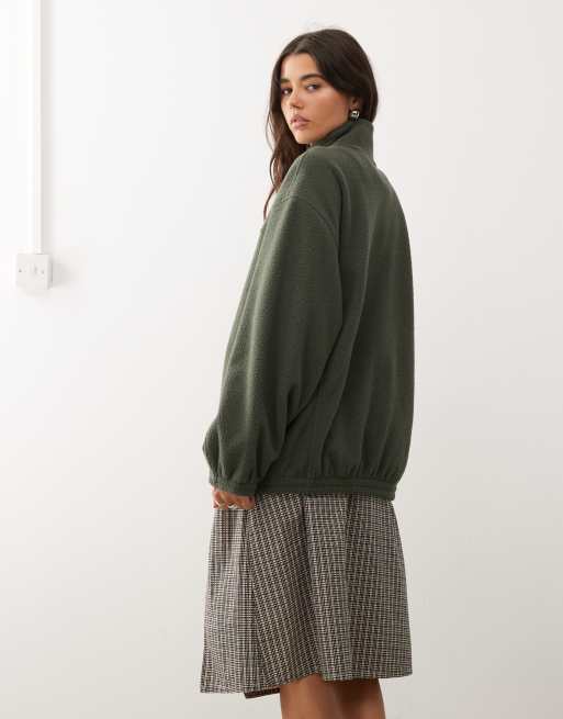 Weekday oversized borg zip fleece in dark khaki