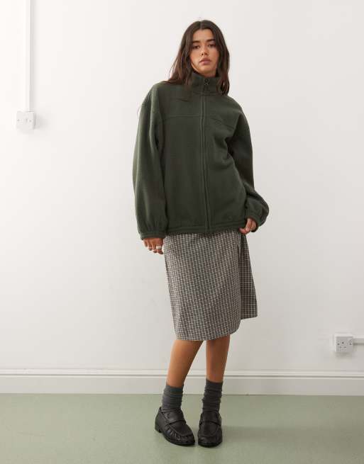 Weekday oversized borg zip fleece in dark khaki