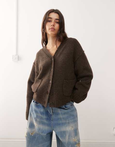 Weekday oversized v neck cardigan in brown melange - view 1