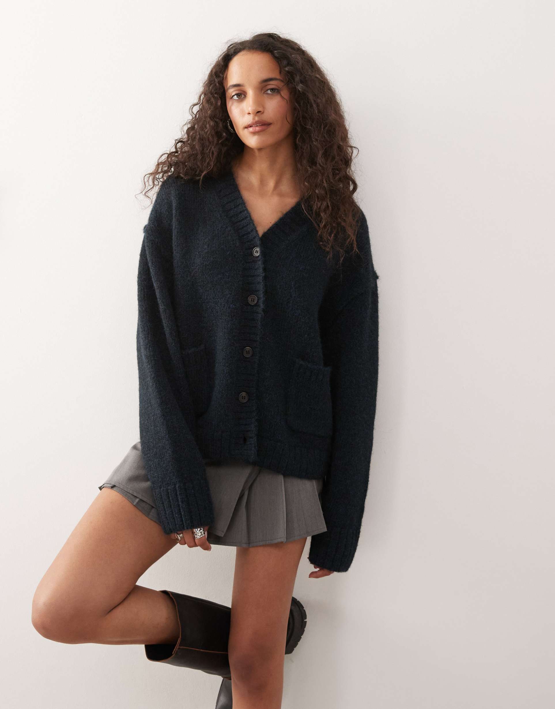 weekday oversized v neck cardigan in navy melange