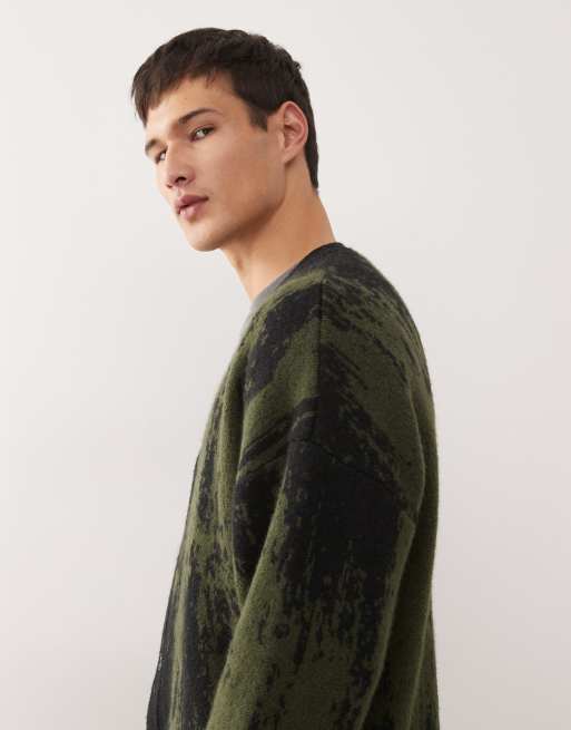 Weekday - Oversized vest van wolmix met jacquard patroon in zwart en kaki, 4 van 5