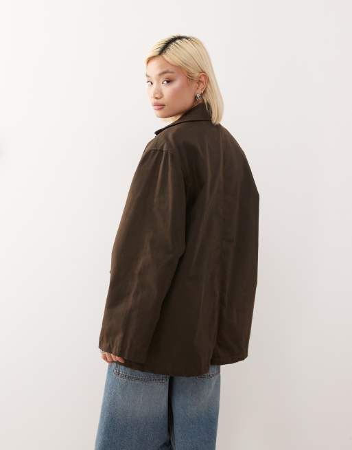 Weekday oversized wax barn jacket in dark brown, 3 of 4