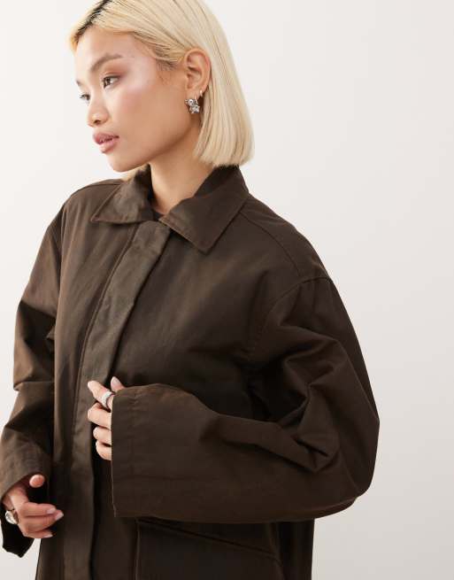 Weekday oversized wax barn jacket in dark brown ASOS