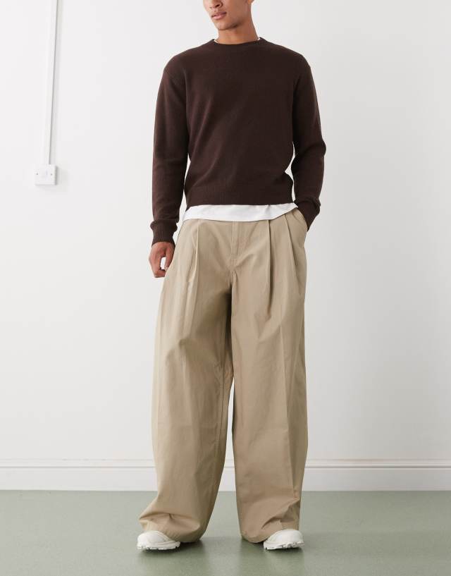 Weekday oversized wide leg chino pants with front pleats in beige